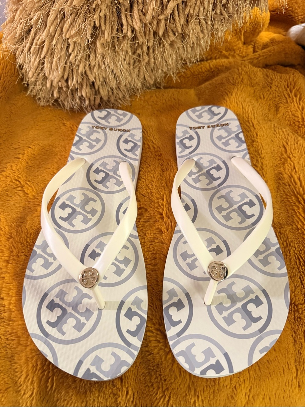 Tory Burch White and Logo Flip Flops